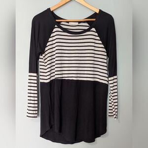 A.GAIN Women's Long-sleeve Striped Top Color-block Design Scoop Neck